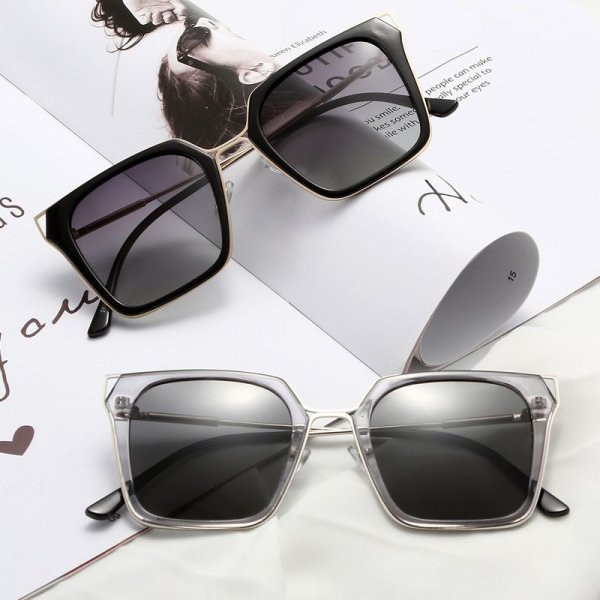 Square polarized cat-eye pointed horn hollowing sunglasses large frame sun color-changing eyeglasses